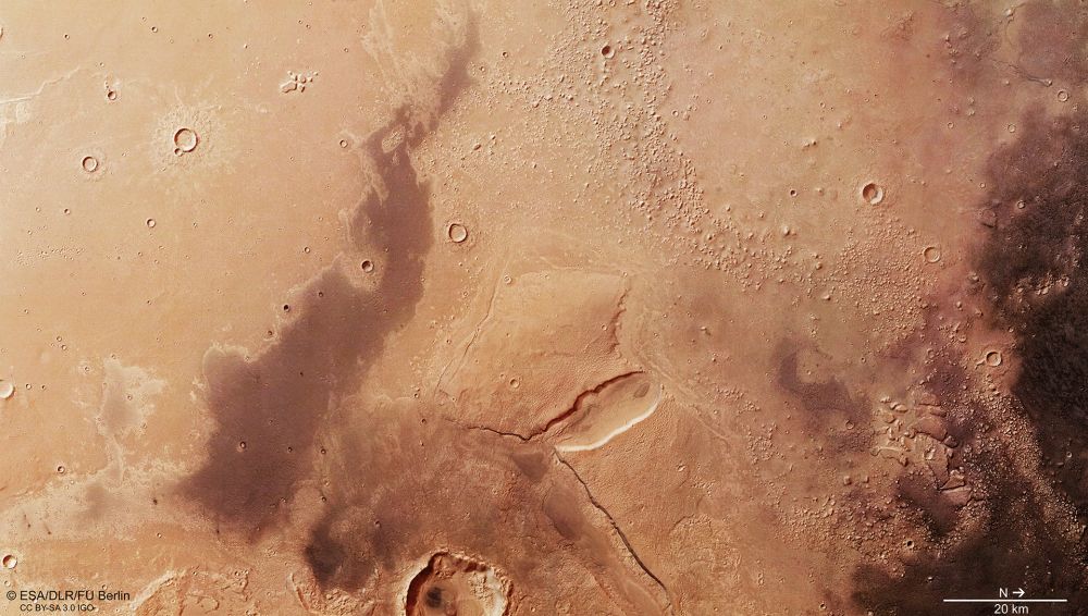 Part of the Cydonia Mensae region on Mars, in the transition region between the heavily cratered southern highlands and the smooth northern lowlands. This image is from the High Resolution Stereo Camera on the ESA's Mars Express orbiter. Image Credit: ESA/DLR/FU Berlin, CC BY-SA 3.0 IGO 