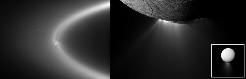O anel E de Saturno está situado entre as órbitas de Mimas e Titã.  É composto de material ejetado de gêiseres em Encélado que se transforma em neve.  Parte dessa neve cai em Mimas e Tethys.  Crédito de imagem: (L) Pela NASA / JPL / Space Science Institute - http://photojournal.jpl.nasa.gov/catalog/?IDNumber=PIA08321, domínio público, https://commons.wikimedia.org/w/index .php? curid = 3069765;  Crédito de imagem: (R) Pela NASA / JPL-Caltech / Space Science Institute - http://www.ciclops.org/view.php?id=7907http://www.ciclops.org/view.php?id=7541 , Domínio Público, https://commons.wikimedia.org/w/index.php?curid=40614563