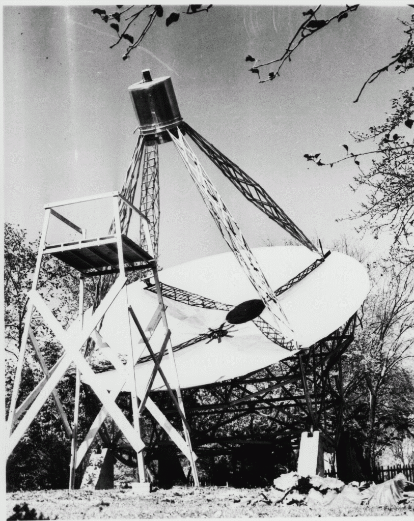 Grote Reber's 9 meter radio telescope in his backyard in Illinois. It was the world's first radio telescope. Image Credit: By Grote Reber - http://www.nrao.edu/whatisra/hist_reber.shtml, Public Domain, https://commons.wikimedia.org/w/index.php?curid=4274131