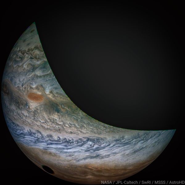 Another processed image of Io's shadow on Jupiter. Image Credit:  NASA / JPL-Caltech / SwRI / MSSS / AstroHD © CC NC SA 