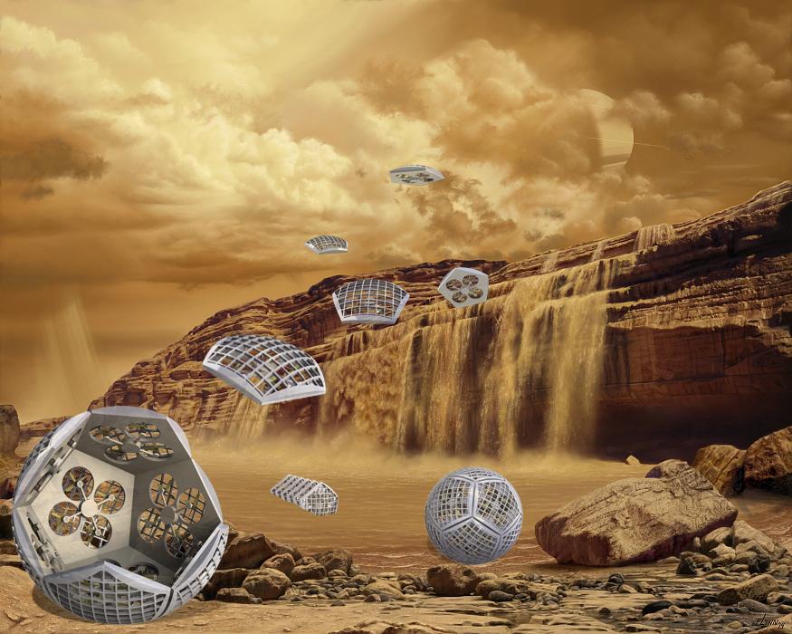 In this artist's illustration of how Shapeshifter might work on Titan, the robot splits into individual robots that can investigate a waterfall from the air. Image Credit:  NASA/JPL-Caltech/Marilynn Flynn 