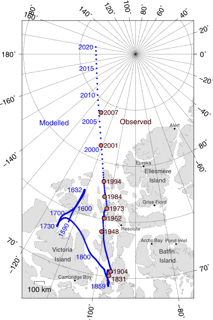 The Earth's magnetic poles drift around in relation to the geographic poles. The drift is caused by variations in the flow of the Earth's liquid core. Image Credit: By Cavit - Own workObserved pole positions taken from Newitt et al., "Location of the North Magnetic Pole in April 2007", Earth Planets Space, 61, 703–710, 2009Modelled pole positions taken from the National Geophysical Data Center, "Wandering of the Geomagnetic Poles"Map created with GMT, CC BY 4.0, https://commons.wikimedia.org/w/index.php?curid=46888403