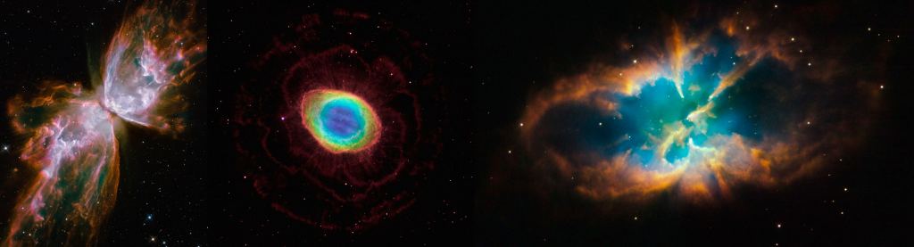 lanetary nebulae come in a wide variety of shapes and morphologies. Each one has a white dwarf at the center. Our Sun will one day resemble these nebulae. From left to right, the Butterfly Nebula, the Ring Nebula, and NGC 2818.Image Credits, left to right:  NASA, ESA, and the Hubble SM4 ERO Team;  NASA, ESA, C.R. O'Dell (Vanderbilt University), and D. Thompson (Large Binocular Telescope Observatory);  NASA, ESA, and the Hubble Heritage Team (STScI/AURA) 