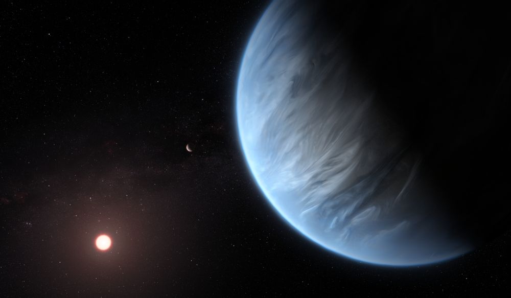 This artist’s impression shows the planet K2-18b, it’s host star and an accompanying planet in this system. As of 2019, K2-18b is the only super-Earth exoplanet known to host both water and temperatures that could support life. What role does the planet's interior structure play in the potential habitability? Image Credit: ESA/Hubble, M. Kornmesser