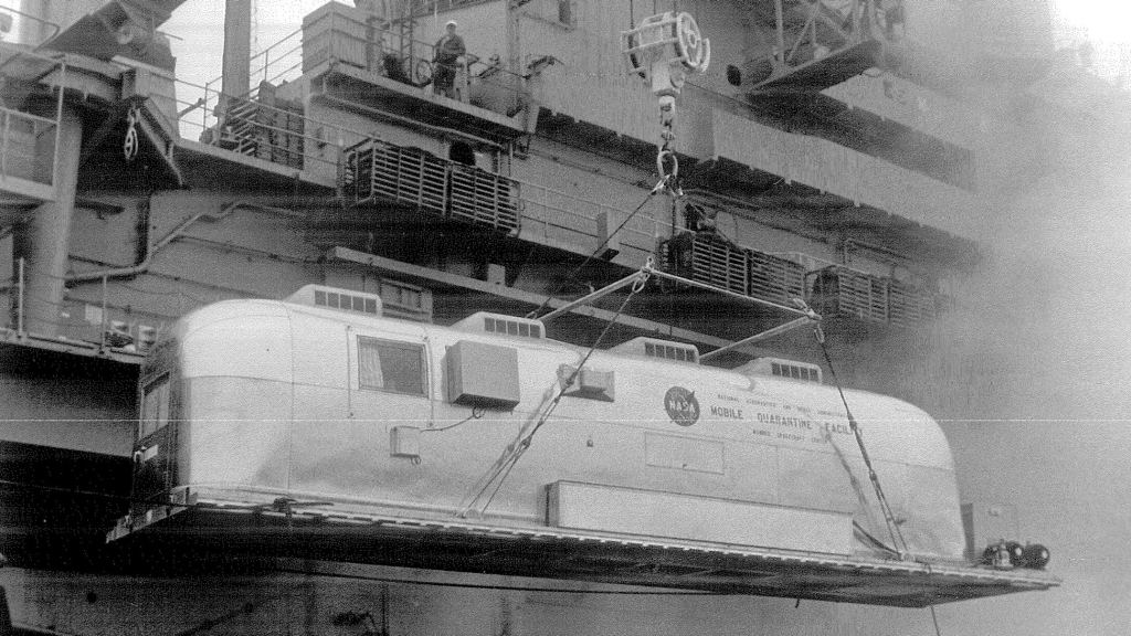An Airstream Mobile Quarantine Facility being loaded onto an aircraft carrier. Image Credit: Airstream.