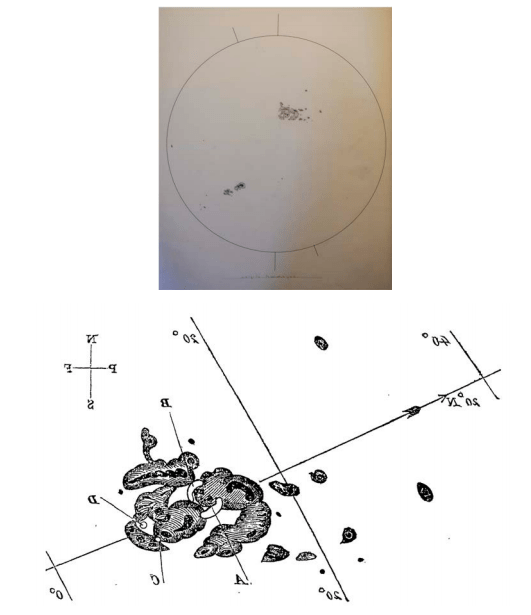 These drawings were made by Richard Carrington, the amateur English astronomer which the Carrington Event is named after. His observations helped show the existence of solar flares. The top drawing is the entire solar disc and the bottom is the sunspot that generated the strongest white-light flares. These drawings are reversed from the originals. Image Credit: Royal Astronomical Society.