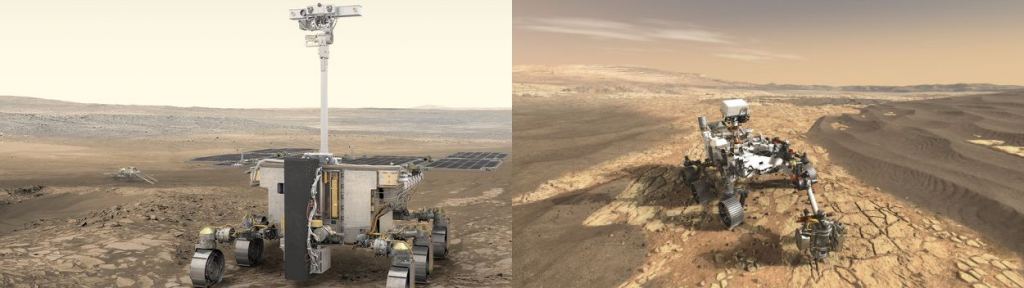 Left, an illustration of the ExoMars rover. Right, an illustration of the Mars 2020 rover. Image Credit: (Left:  ESA/ATG medialab) (Right: NASA.)