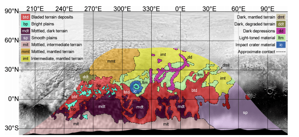 Geological map of Pluto’s far side showing geological units identified by analysis of New  Horizons imaging, spectral, and limb topography data. Image Credit: NASA/New Horizons/S. A. Stern et al., 2019 