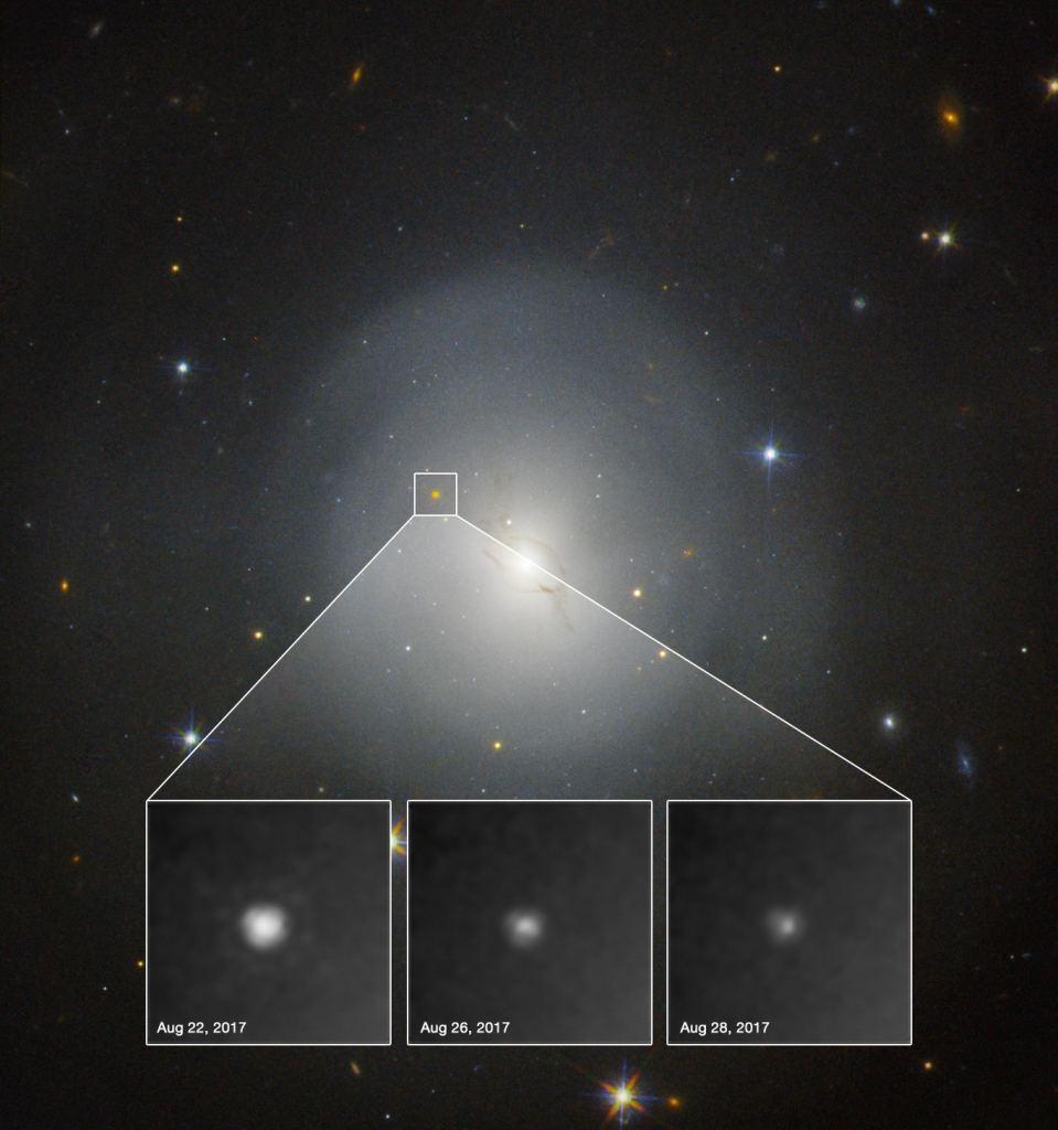 On 17 August 2017, the Laser Interferometer Gravitational-Wave Observatory (LIGO) and the Virgo Interferometer both detected gravitational waves from the collision between two neutron stars. Within 12 hours observatories had identified the source of the event within the lenticular galaxy NGC 4993, shown in this image gathered with the NASA/ESA Hubble Space Telescope. The associated stellar flare, a kilonova, is clearly visible in the Hubble observations. This is the first time the optical counterpart of a gravitational wave event was observed. Hubble observed the kilonova gradually fading over the course of six days, as shown in these observations taken in between 22 and 28 August (insets). By ESA/Hubble, CC BY 4.0, https://commons.wikimedia.org/w/index.php?curid=63442000