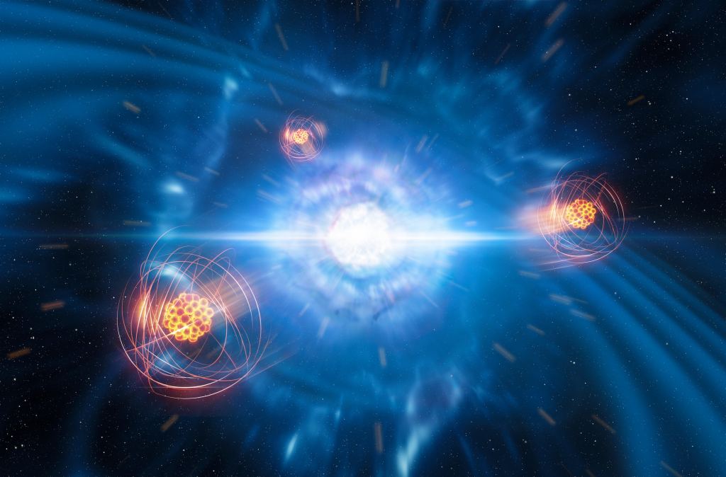 In 2019 a team of European researchers, using data from the X-shooter instrument on ESO’s Very Large Telescope, found signatures of strontium formed in the GW170817 neutron-star merger. This artist’s impression shows two tiny but very dense neutron stars at the point at which they merge and explode as a kilonova. In the foreground, we see a representation of freshly created strontium. Image Credit: ESO/L. Calçada/M. Kornmesser