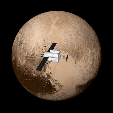 An illustration of the conceptual Fusion-Enabled Pluto Orbiter and Lander at Pluto. Image Credit:  Princeton Satellite Systems, NASA/JHUAPL/SwRI 