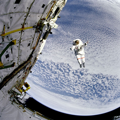 The SAFER system was added to spacesuits for use on the space shuttle. It features several small thrusters which allowed astronauts to fly back to the shuttle if they become separated. In this image NASA astronaut Mark Lee is testing the SAFER system. Image Credit: NASA.