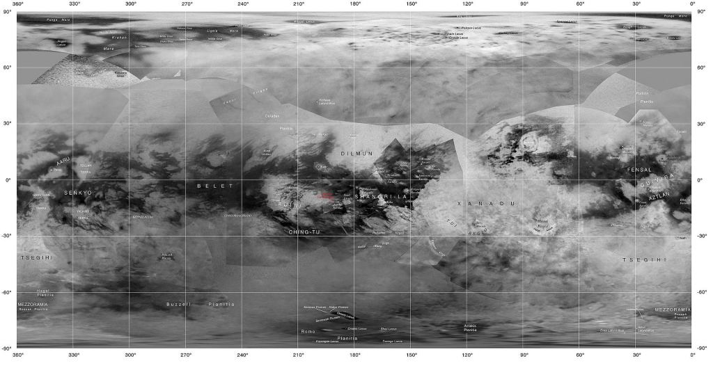 <Click to Enlarge> This global map of Titan is not geological, but many of the surface features are labelled. Image Credit: By NASA/JPL-Caltech/Space Science Institute/USGS - http://photojournal.jpl.nasa.gov/jpeg/PIA20713.jpg, Public Domain, https://commons.wikimedia.org/w/index.php?curid=51156638