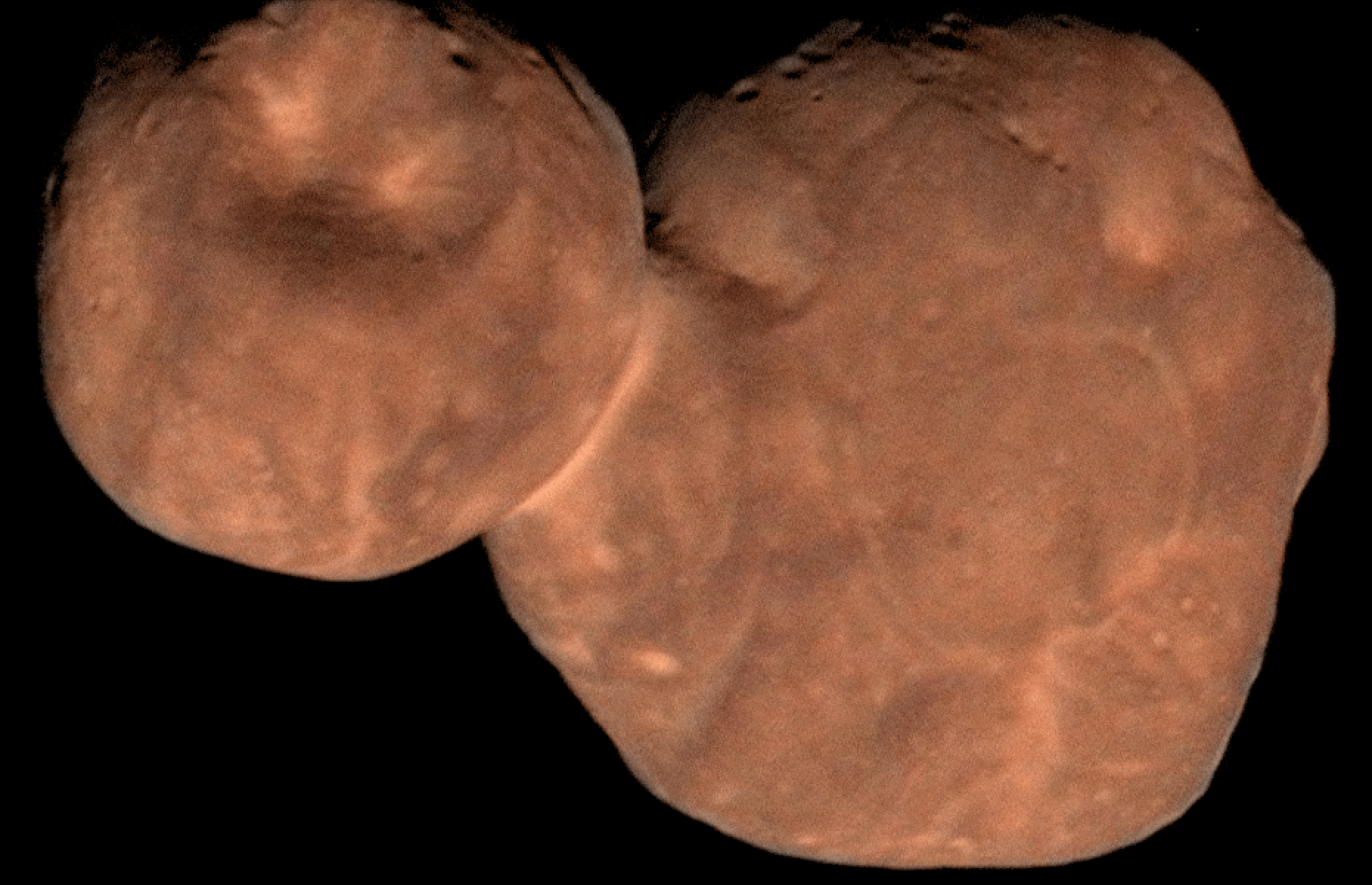 This composite image of the primordial contact binary Kuiper Belt object 2014 MU69 (officially named Arrokoth) was compiled from data obtained by NASA's New Horizons spacecraft as it flew by the object on Jan. 1, 2019. The image combines enhanced color data (close to what the human eye would see) with detailed high-resolution panchromatic pictures. Credits: NASA/Johns Hopkins University Applied Physics Laboratory/Southwest Research Institute//Roman Tkachenko