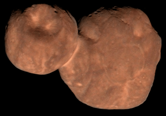 This composite image of the primordial contact binary Kuiper Belt object 2014 MU69 (officially named Arrokoth) was compiled from data obtained by NASA's New Horizons spacecraft as it flew by the object on Jan. 1, 2019. The image combines enhanced color data (close to what the human eye would see) with detailed high-resolution panchromatic pictures. Credits: NASA/Johns Hopkins University Applied Physics Laboratory/Southwest Research Institute//Roman Tkachenko