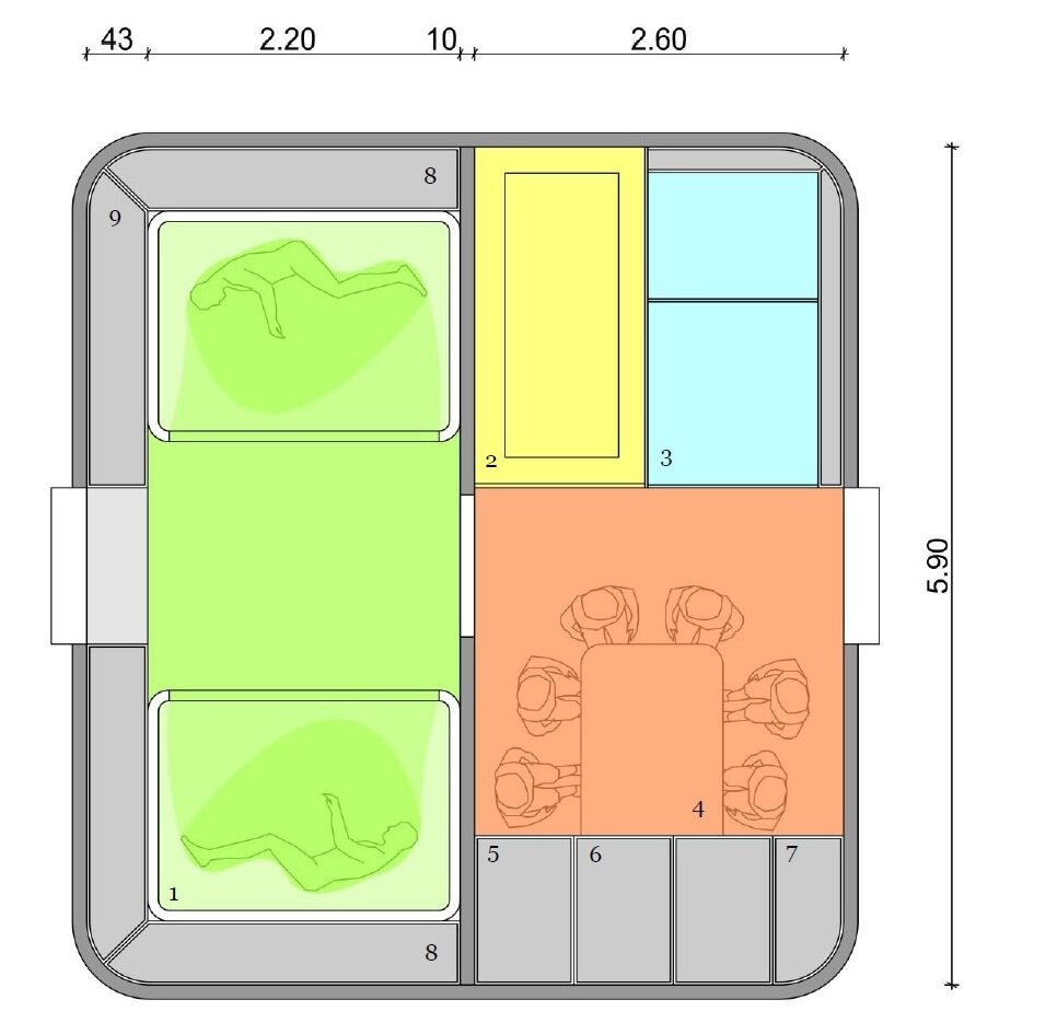  Functional areas of the hibernation module: (1) private crew quarters, (2) exercise, (3) hygiene and waste, (4) dining and wardroom, (5) workstation, (6) galley and food, (7) medical supplies, (8) life support systems and stowage, (9) operational and maintenance supplies. In general, the habitat is divided into two zones of habitable volumes: the crew quarters which are used during the entire mission duration, and the volumes for wardroom and workstation, food preparation and eating, waste collection and hygiene, exercise, medical, operational and maintenance purposes that are only used during the time the crew is awake and active. Image Credit: ESA