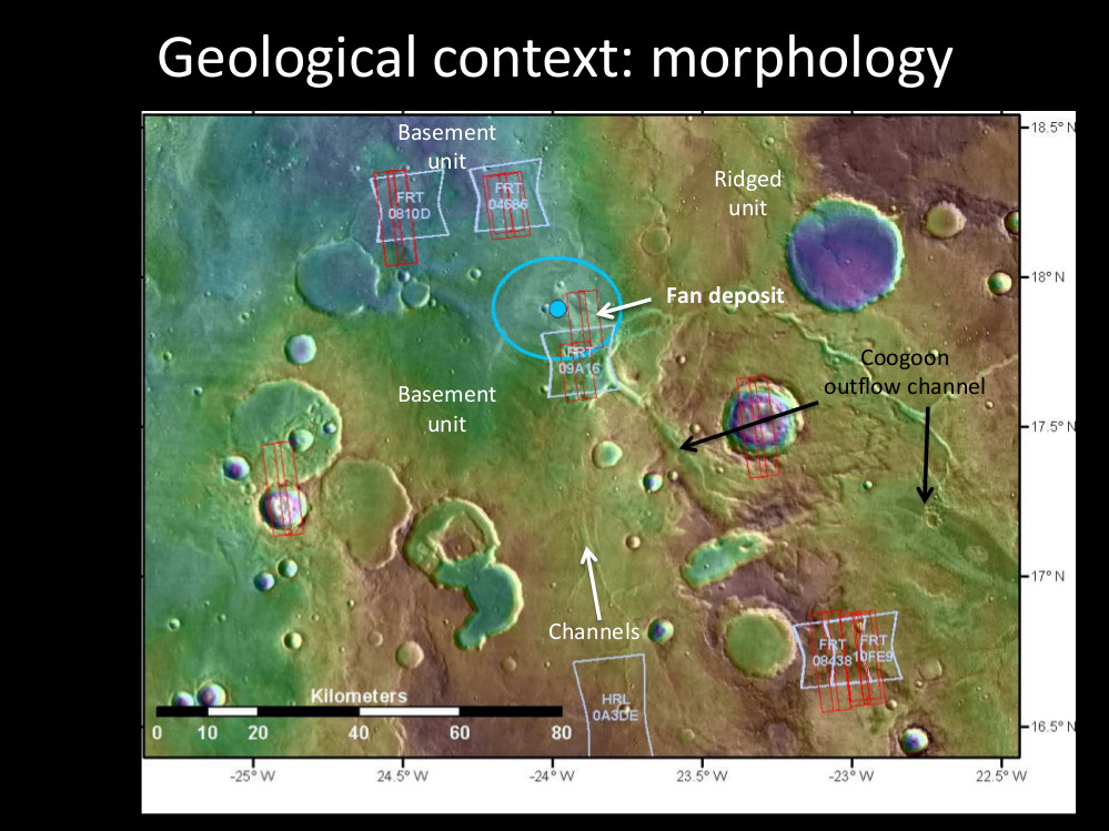Oxia Planum, near the equator, is the selected landing site for its potential to preserve biosignatures and smooth surface. Image Credit: By NASA - http://marsnext.jpl.nasa.gov/workshops/2014_05/14_Oxia_Thollot_webpage.pdf, Public Domain, https://commons.wikimedia.org/w/index.php?curid=44399454 