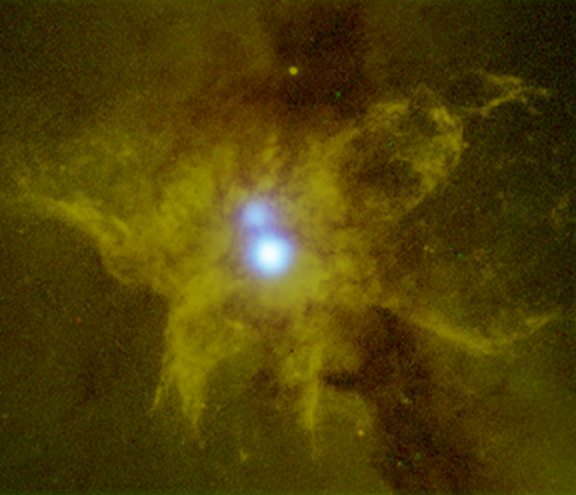 A Chandra X-ray Observatory image of NGC 6240 superimposed on a visible light image. Even in x-rays the Southern black hole appears a a single entity. Image Credit: Public Domain, https://commons.wikimedia.org/w/index.php?curid=99501