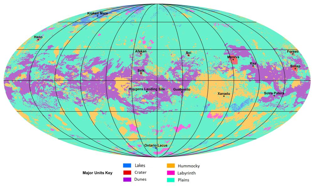 The first global geologic map of Titan is based on radar and visible-light images from NASA's Cassini mission, which orbited Saturn from 2004 to 2017. Labels point to several of the named surface features.Credit: NASA/JPL-Caltech/ASU 