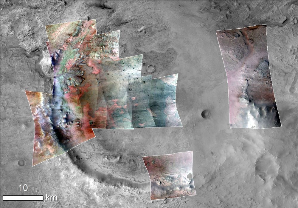 A composite image of the Jezero Crater from the MRO's CRISM instrument and its Context Camera. Colors have been added to show minerals. Green represents carbonates, that minerals that preserve fossils so well here on Earth. The red is olivine sand eroding out of carbonate-containing rocks. Image Credit:  NASA/JPL-Caltech/MSSS/JHU-APL/Purdue/USGS 