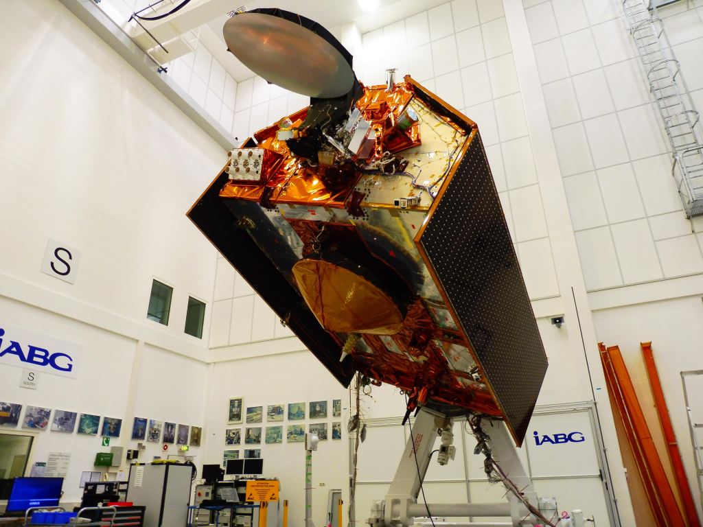 The Sentinel 6-A spacecraft in its clean room at IABG in Germany. It's due to launch from Vandenberg Air Force Base on a SpaceX Falcon 9 rocket in November 2020. Image Credit: IABG 