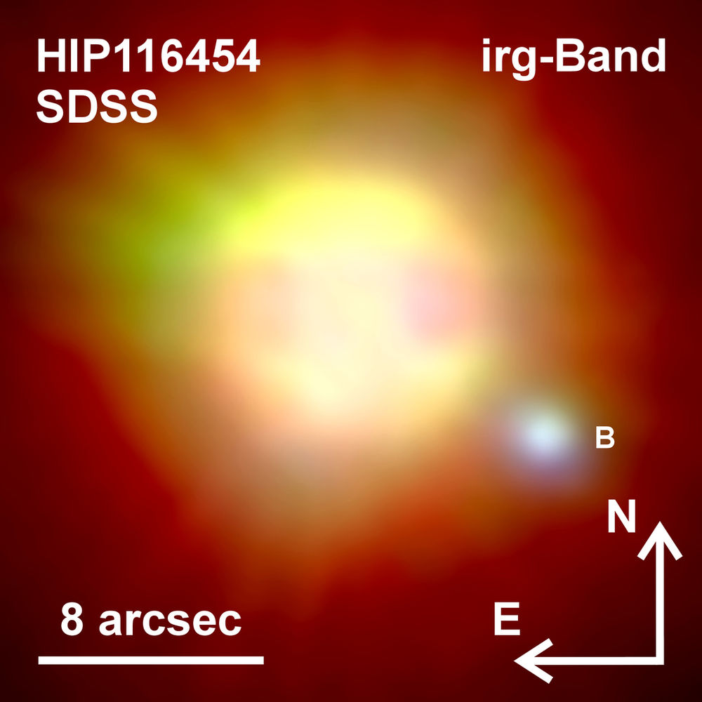 This is HIP116454 in the Pisces constellation. It's a K-type main sequence star, also known as a K dwarf. It's about 200 light years away, and has a white dwarf companion star (B in this image.) It also has at least one exoplanet, HIP116454 b, (not shown) a planet 12 times as massive as Earth. Image Credit:  Mugrauer, Sloan Digital Sky Survey. 
