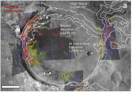 The marginal carbonates are outlined in red in this image. Image Credit: NASA/MRO/ Horgan et. al. 2019.