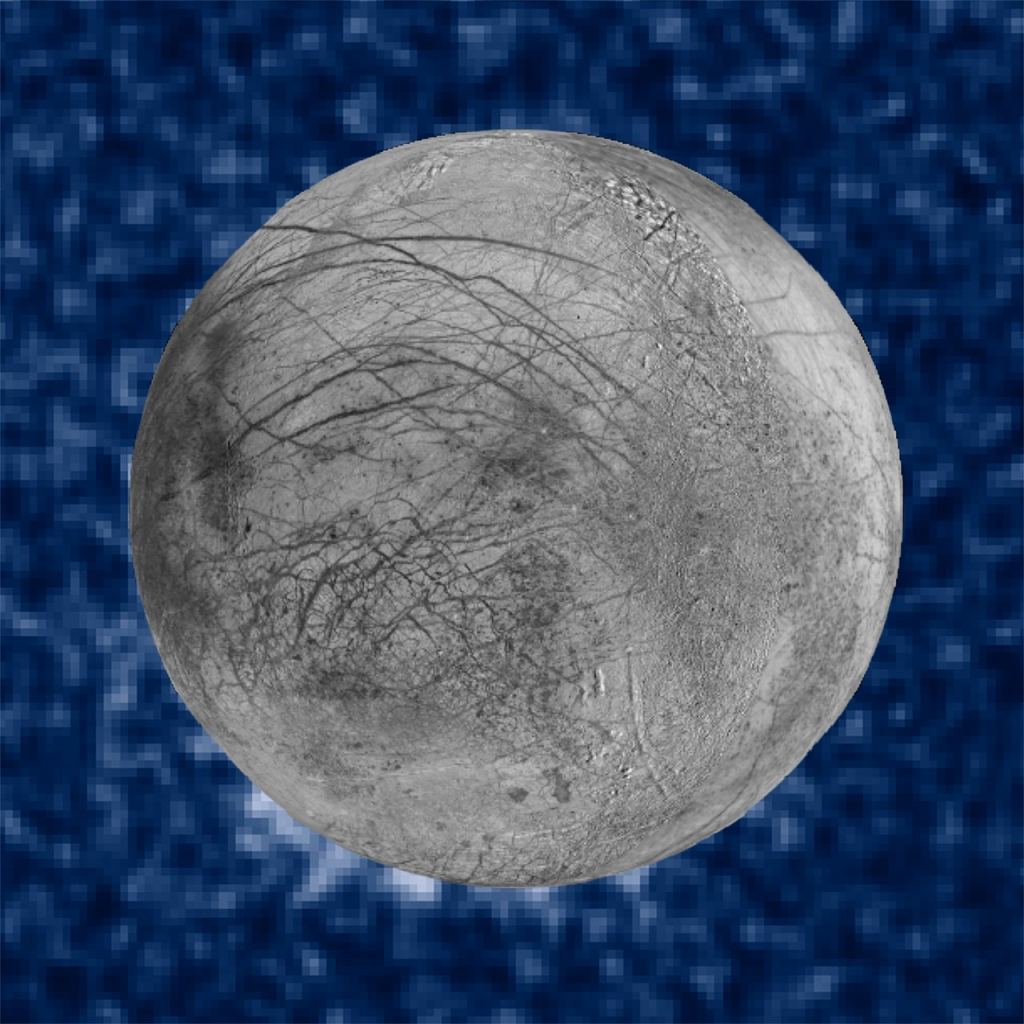 This composite image shows suspected plumes of water vapour erupting at the 7 o'clock position off the limb of Jupiter's moon Europa. The plumes, photographed by Hubble's Imaging Spectrograph, were seen in silhouette as the moon passed in front of Jupiter. Hubble's ultraviolet sensitivity discerned the features,  which rise over 160 kilometres above Europa's icy surface. The water is believed to come from a subsurface ocean on Europa. The Hubble data were taken on January 26, 2014. The image of Europa, superimposed on the Hubble data, is assembled from data from the Galileo and Voyager missions. Image Credit: ESA/NASA/ STScI