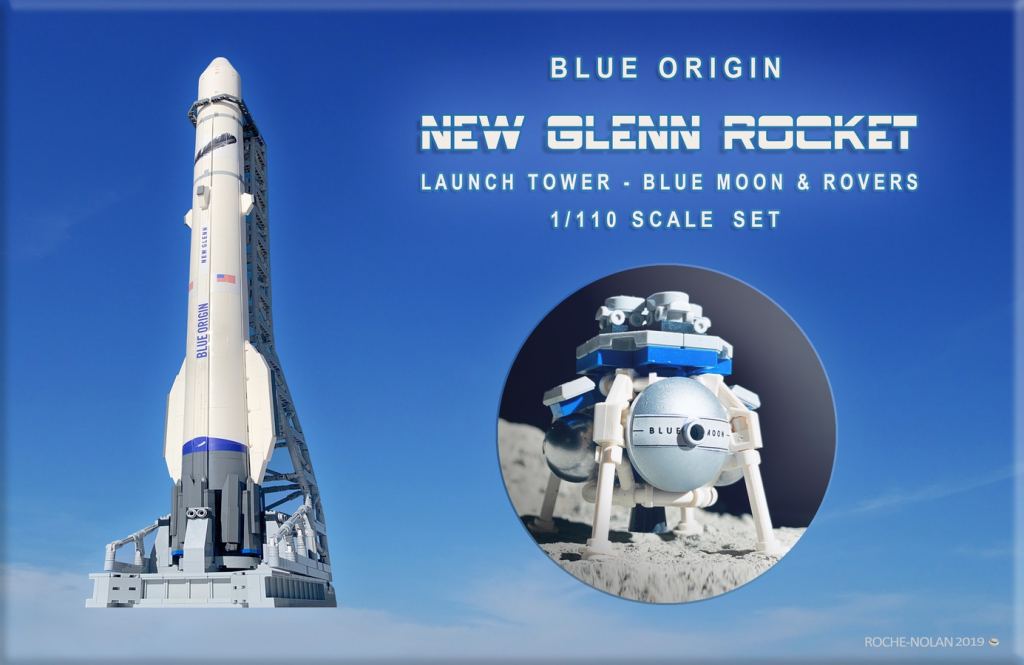 The New Glenn Rocket, Launch Tower, Lander, and Rovers set. Image Credit: Roche/Nolan.