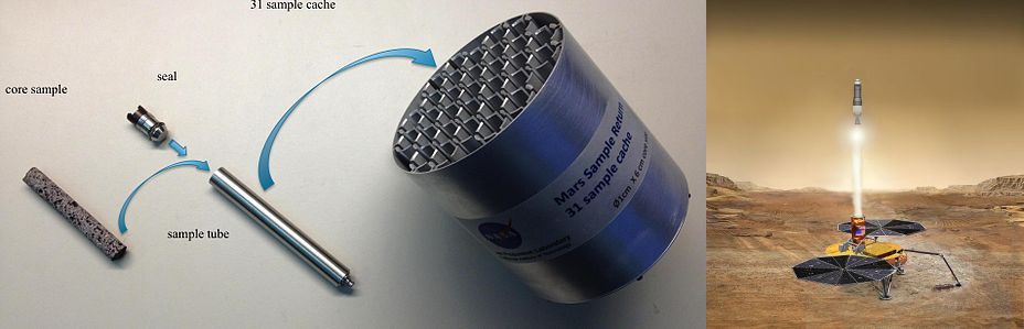 Left: A prototype of the sample return cache. Image Credit: By NASA/JPL-Caltech . Right: An artist's illustration of a Martian sample-return concept. Image Credit: By NASA/JPL 