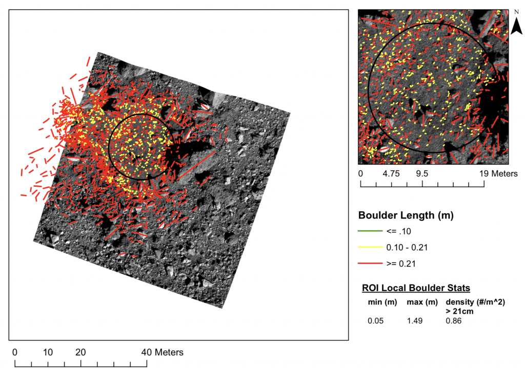 Part of the site selection process involved a boulder count. In this image, rocks that are 10-21 cm are marked in yellow. Anything larger than 21 cm is marked in red. Samples must be no greater than 2.5 cm wide. All boulders were counted with human eyes. Image Credit:  NASA/Goddard/University of Arizona 