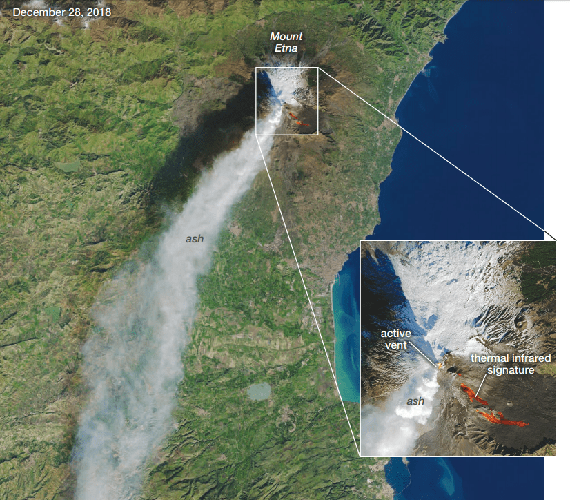 Mount Etna on the island of Sicily, Italy, is Europe's most active volcano. It's not a night-time image, but it's a fascinating one, and shows the high quality of the satellite imagery available to us today. Image Credit: USGS/NASA