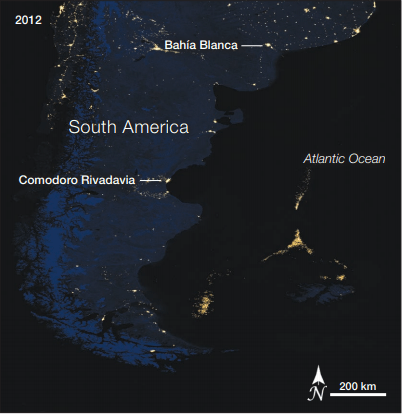 This Suomi NPP image shows squid-fishing boats off the east coast of South America. The fishermen use lights to attract their catch. They concentrate near important ocean currents and near the edge of the continental shelf. Image Credit: NASA/SUOMI NPP