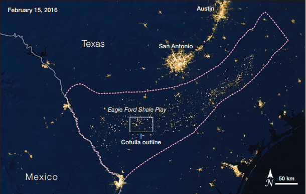 This SUOMI NPP image shows the light from the Eagle Ford Shale in Texas. All of the lights in the outline come from the electric glow of drilling equipment, worker camps, and other gas and oil infrastructure combined with flickering gas flares. 