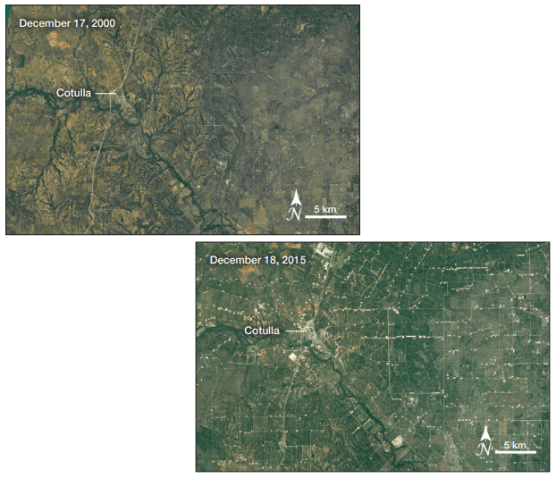These are daytime images of the Cotulla outline in the Eagle Ford Shale formation night-time image. In only 15 years, the area was transformed by a grid-work of roads and drilling platforms. Image Credit: LandSat 5/LandSat 8.