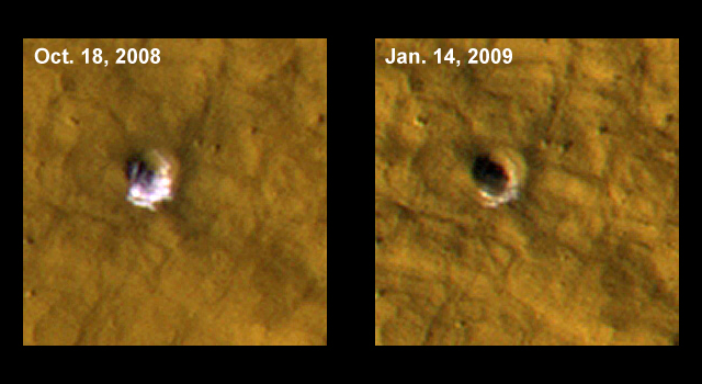 Impact site on Mars. The second image clearly shows how much of the exposed ice has sublimated in Mars' thin atmosphere. Image Credit: NASA/JPL-Caltech/University of Arizona