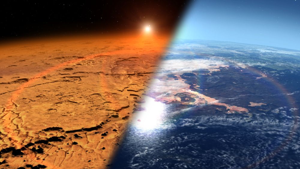 onceptual image depicting the early Martian environment (right) – believed to contain liquid water and a thicker atmosphere – versus the cold, dry environment seen at Mars today (left). Credits: NASA’s Goddard Space Flight Center 