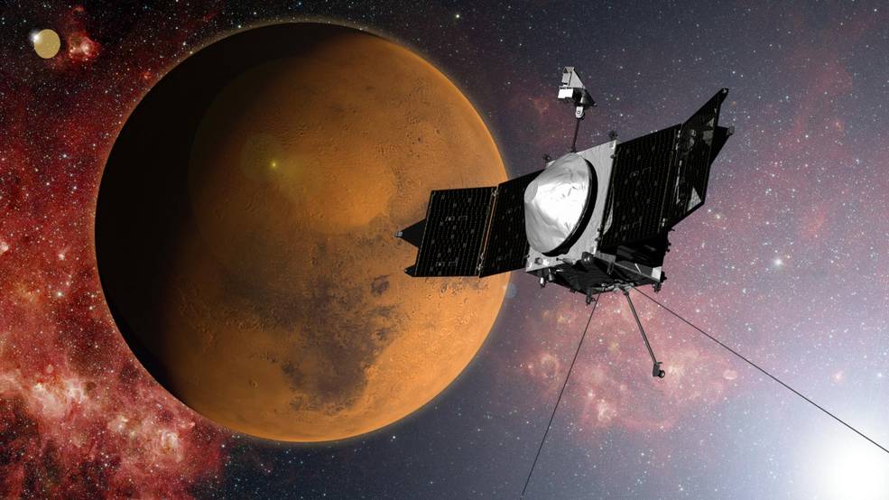 An illustration of NASA's MAVEN spacecraft arriving at Mars. Image Credit: NASA/GSFC