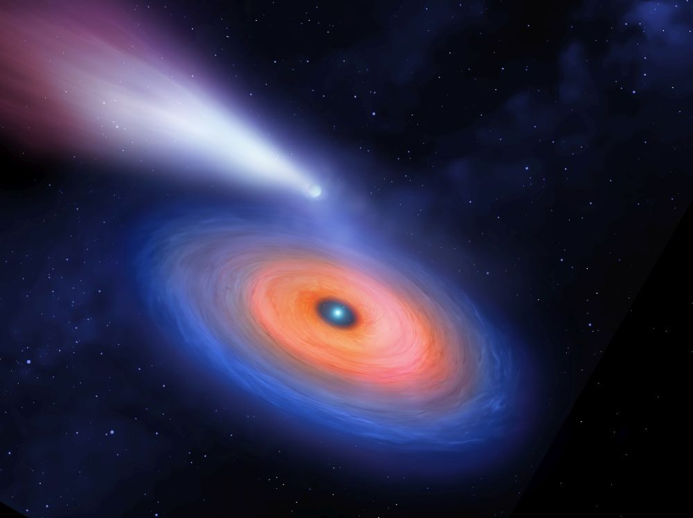 Astronomers have found a white dwarf star which appears to be surrounded by a truncated disc of gas. The disc was probably created from a gas planet being torn apart by its gravity. Image Credit: Warwick University.