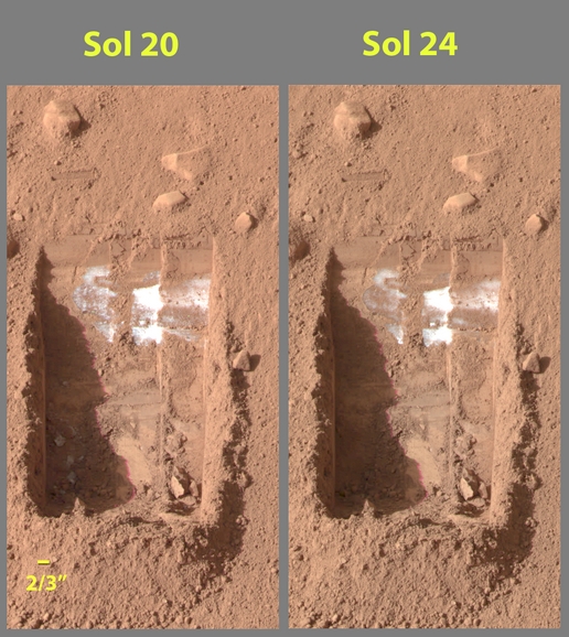 These color images were acquired by NASA's Phoenix Mars Lander's Surface Stereo Imager on the 21st and 25th days of the mission, or Sols 20 and 24 (June 15 and 19, 2008). 
These images show sublimation of ice in the trench informally called "Dodo-Goldilocks" over the course of four days. In the lower left corner of the left image, a group of lumps is visible. In the right image, the lumps have disappeared, similar to the process of evaporation.
Image credit: NASA/JPL-Caltech/University of Arizona/Texas A&M University 