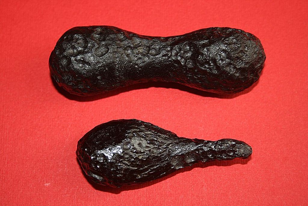 Two common tektite shapes: dumbbell and teardrop. Image Credit: By I, Brocken Inaglory, CC BY-SA 3.0, https://commons.wikimedia.org/w/index.php?curid=2530721