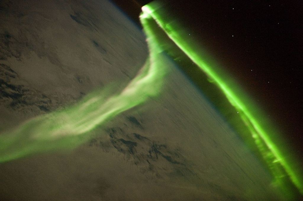 Aurora during a geomagnetic storm that was most likely caused by a coronal mass ejection from the Sun on May 24, 2010, taken from the ISS. Image Credit: By ISS Expedition 23 crew
