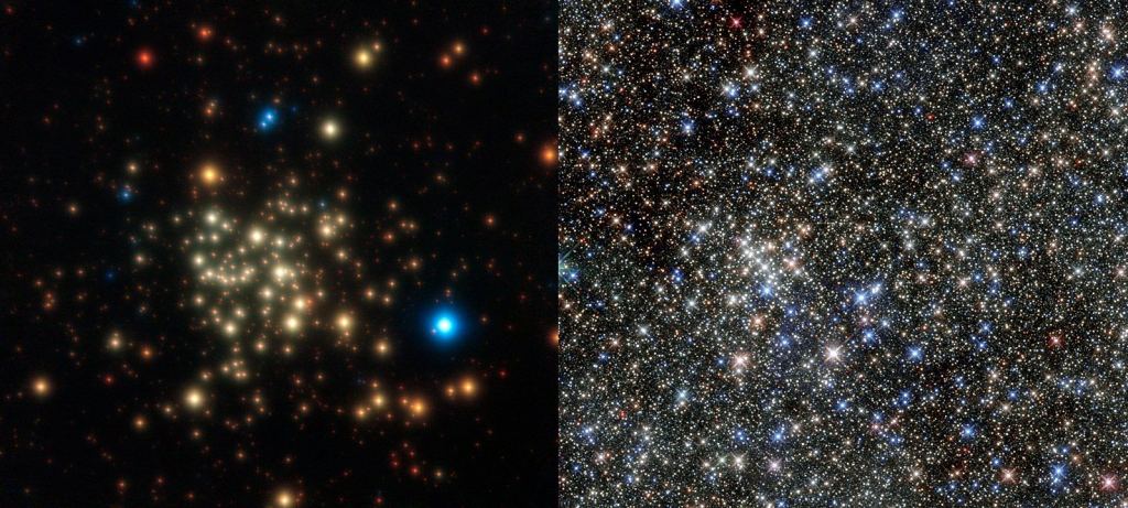 Arches Cluster (L) and the Quintuplet Cluster (R.) Though the Quintuplet Cluster was named for the first five stars observed there, we now know the cluster contains a huge number of massive young stars, just like the Arches Cluster. Image Credit: (L) By ESO/P. Espinoza - http://www.eso.org/public/images/eso0921a/, CC BY 3.0. (R) By ESA/Hubble, CC BY 4.0, https://commons.wikimedia.org/w/index.php?curid=41549596   