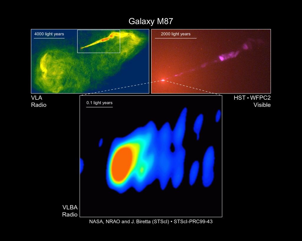 An older 1988 image of M87 in both radio and optical. The radio images were captured with the Very Large Array radio telescope and the Very Long Baseline Array, and the visible is from the Hubble. By NASA, National Radio Astronomy Observatory/National Science Foundation, John Biretta (STScI/JHU), and Associated Universities, Inc. - http://hubblesite.org/newscenter/newsdesk/archive/releases/1999/43/, Public Domain, https://commons.wikimedia.org/w/index.php?curid=706570