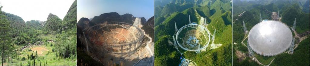 FAST is a massive scientific megaproject. Four photos of its construction from left to right. Image Credit: FAST/National Astronomical Observatories of Chinese Academy of Sciences. 