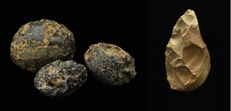 Large tektites (l) and hand axes (r) were found together in Bose, Guangxi, China. Image Credit:  James Di Loreto, & Donald H. Hurlbert, Smithsonian Institution 