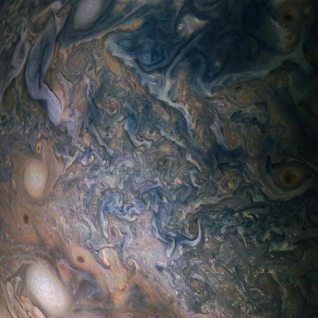 This image is also from Eichstädt and Doran. This is from Juno's 16th close flyby of Jupiter in October 2018. Image Credit:  Enhanced Image by Gerald Eichstädt and Seán Doran (CC BY-NC-SA) based on images provided Courtesy of NASA/JPL-Caltech/SwRI/MSSS 