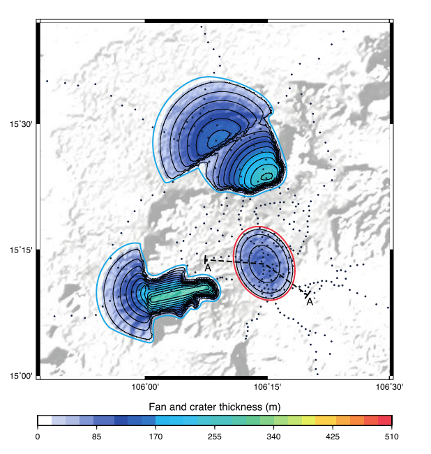 A Bouguer Gravity Map of the plateau shows a clear anomaly at the suspected crater site. Image Credit: Sieh et al, 2019. 