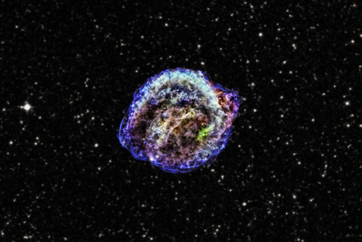 A composite Chandra image of the remnant of SN 1604 (Kepler's supernova.) The red, green, and blue show X-ray energies in increasing energies. Image Credit: NASA/Chandra