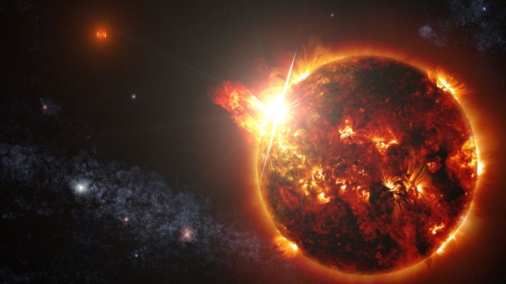 This artist's illustration shows a red dwarf star emitting a powerful flare. Red dwarf flaring can limit the habitability of planets in their habitable zones. Credits: NASA's Goddard Space Flight Center
